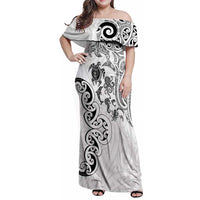 New Zealand Sea Animals with Maori Tribal Tattoo Family Matching Off Shoulder Maxi Dress and Hawaiian Shirt White Color