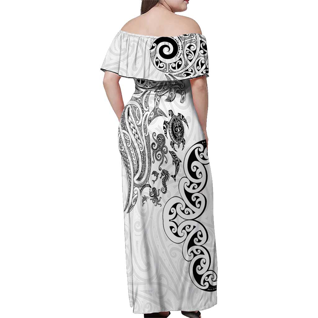 New Zealand Sea Animals with Maori Tribal Tattoo Family Matching Off Shoulder Maxi Dress and Hawaiian Shirt White Color