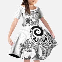 New Zealand Sea Animals with Maori Tribal Tattoo Family Matching Off Shoulder Short Dress and Hawaiian Shirt White Color