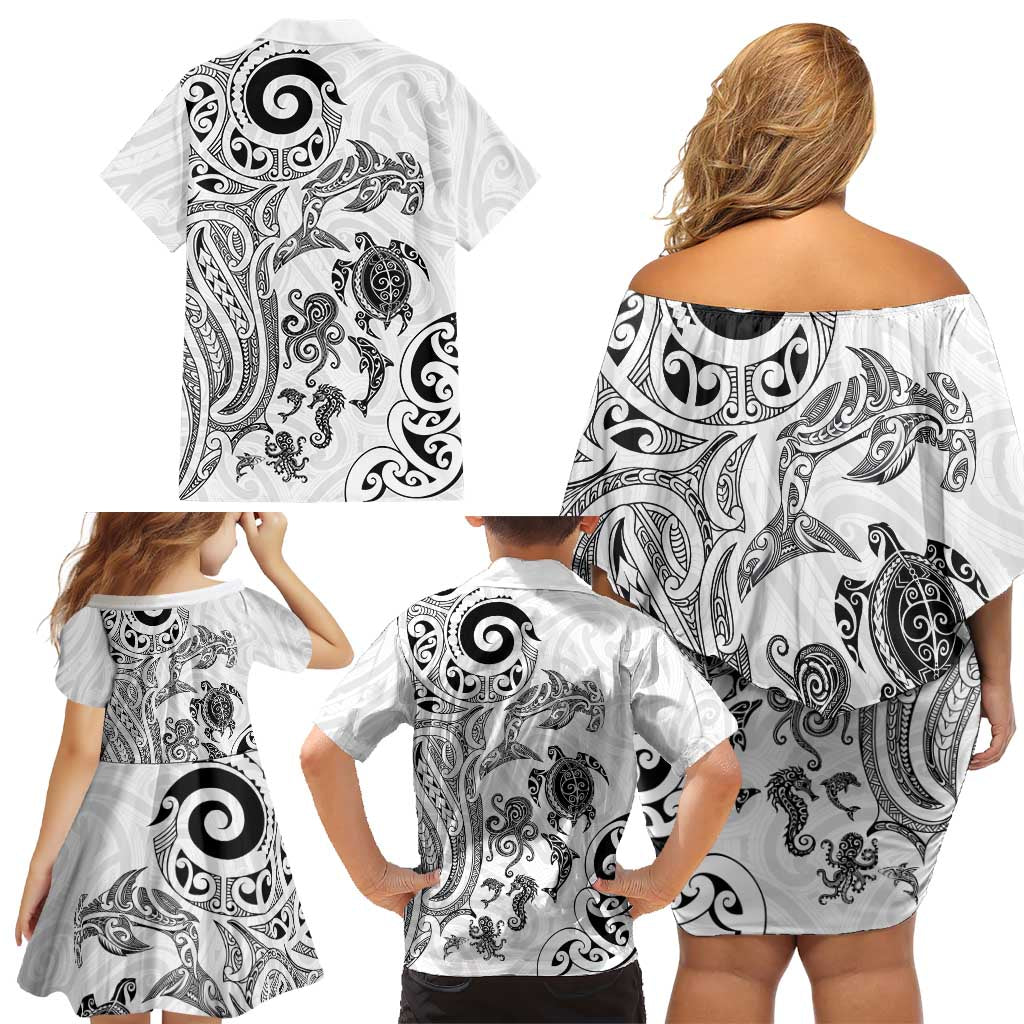 New Zealand Sea Animals with Maori Tribal Tattoo Family Matching Off Shoulder Short Dress and Hawaiian Shirt White Color