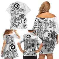New Zealand Sea Animals with Maori Tribal Tattoo Family Matching Off Shoulder Short Dress and Hawaiian Shirt White Color