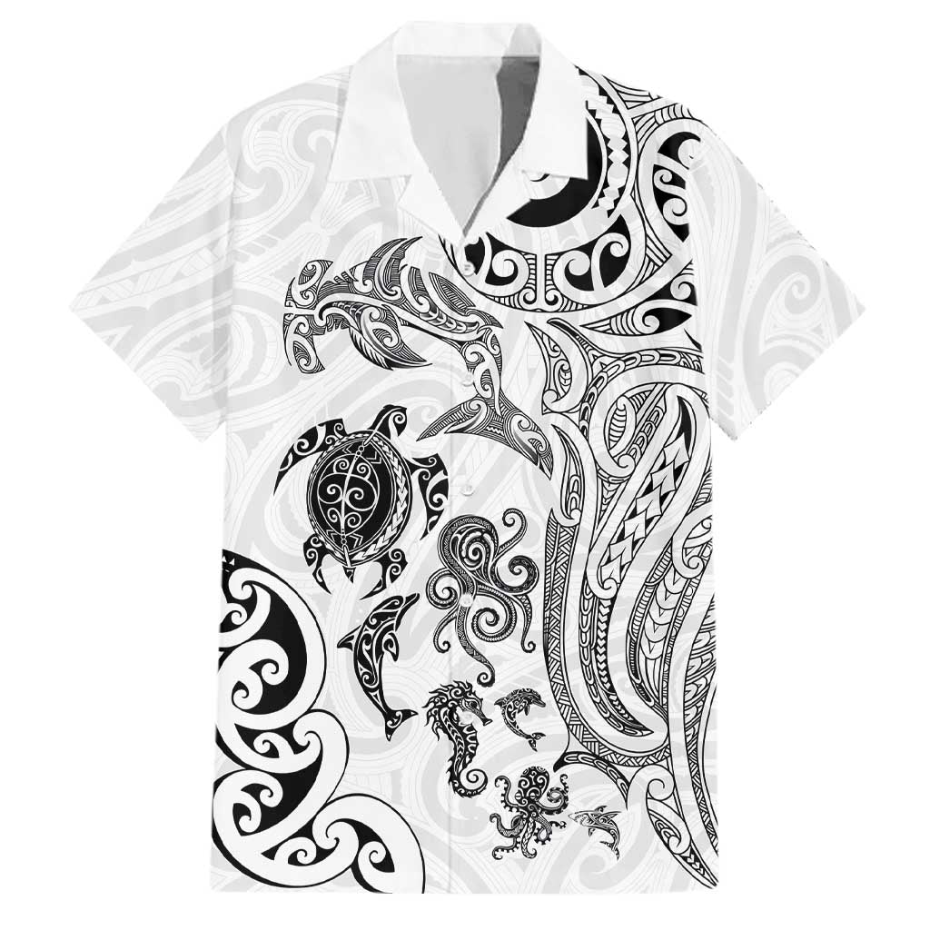 New Zealand Sea Animals with Maori Tribal Tattoo Family Matching Off Shoulder Short Dress and Hawaiian Shirt White Color