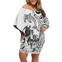 New Zealand Sea Animals with Maori Tribal Tattoo Family Matching Off Shoulder Short Dress and Hawaiian Shirt White Color