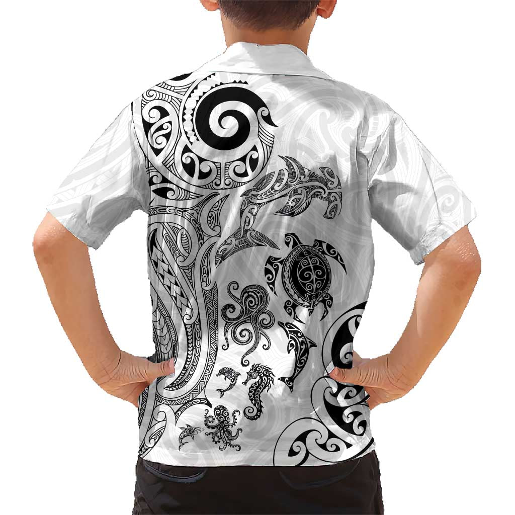 New Zealand Sea Animals with Maori Tribal Tattoo Family Matching Puletasi and Hawaiian Shirt White Color