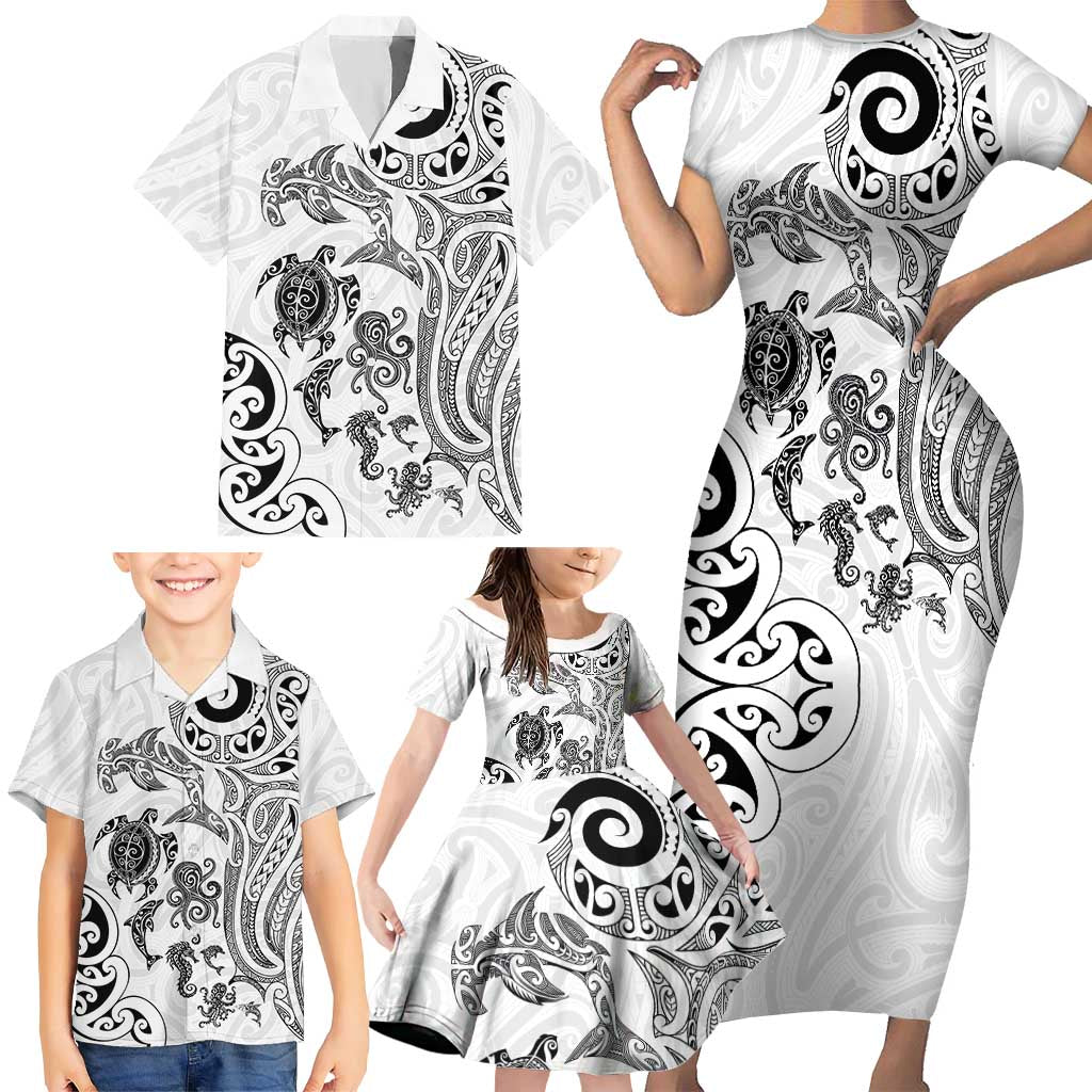 New Zealand Sea Animals with Maori Tribal Tattoo Family Matching Short Sleeve Bodycon Dress and Hawaiian Shirt White Color LT03 - Polynesian Pride