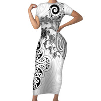 New Zealand Sea Animals with Maori Tribal Tattoo Family Matching Short Sleeve Bodycon Dress and Hawaiian Shirt White Color