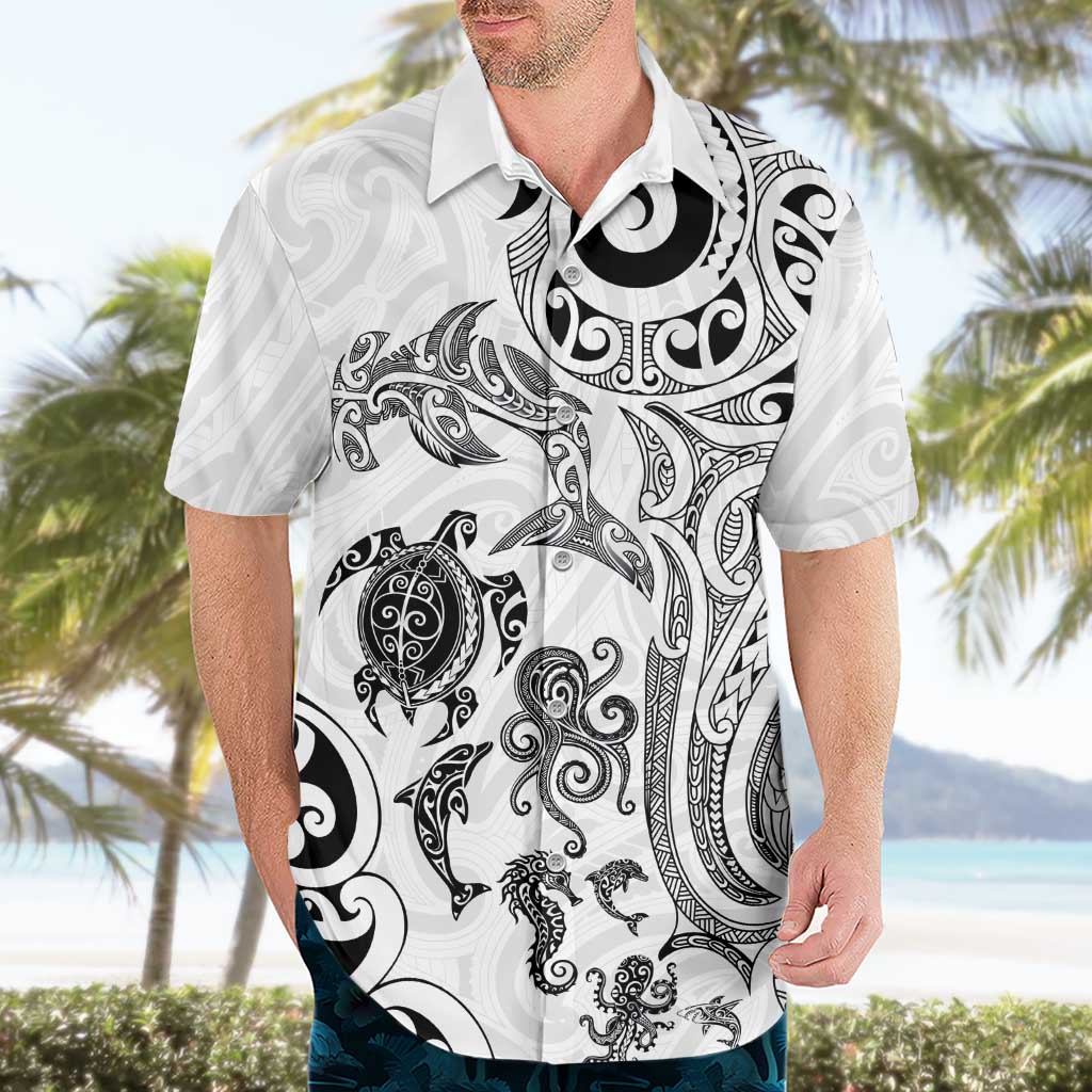 New Zealand Sea Animals with Maori Tribal Tattoo Hawaiian Shirt White Color