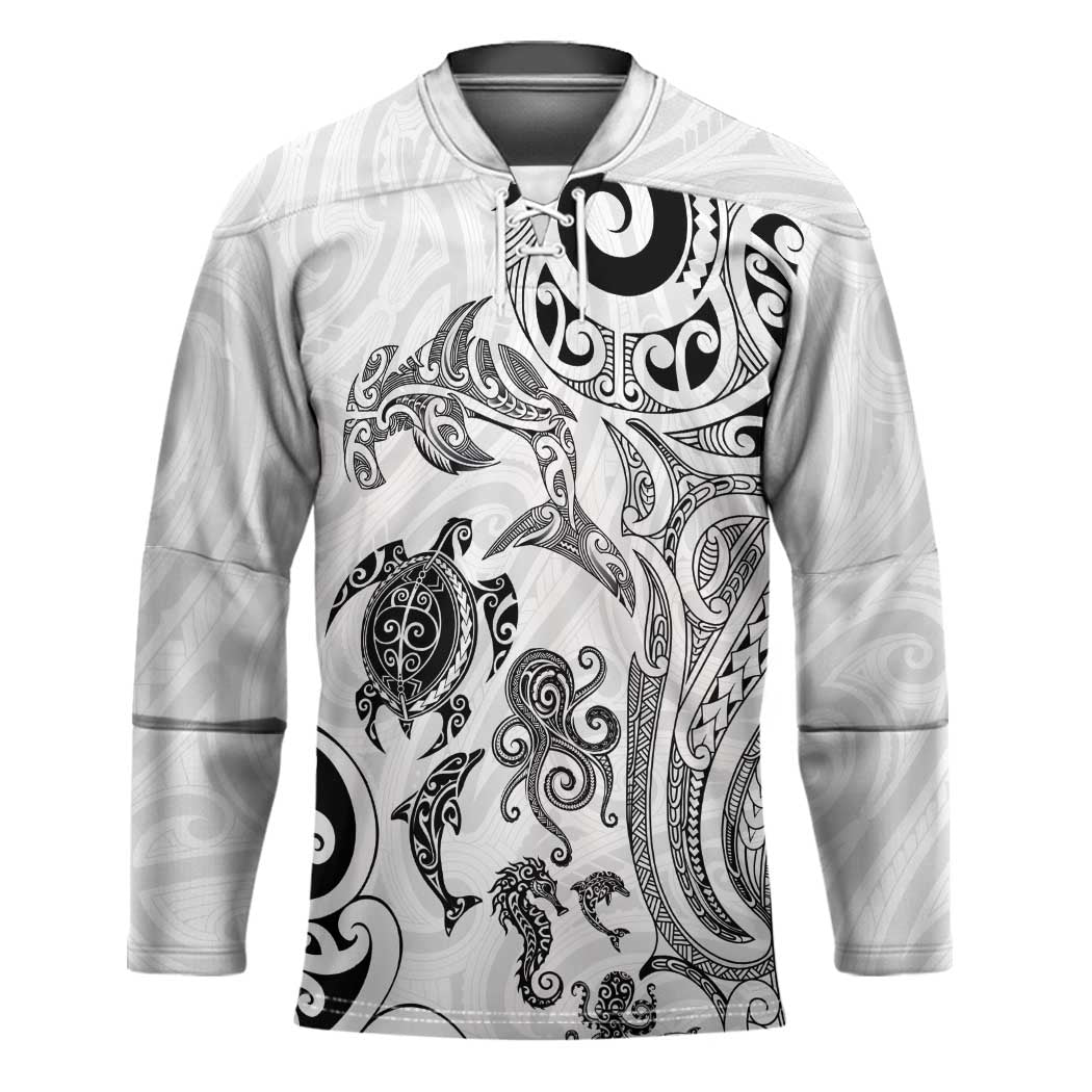 New Zealand Sea Animals with Maori Tribal Tattoo Hockey Jersey White Color LT03 Unisex White - Polynesian Pride