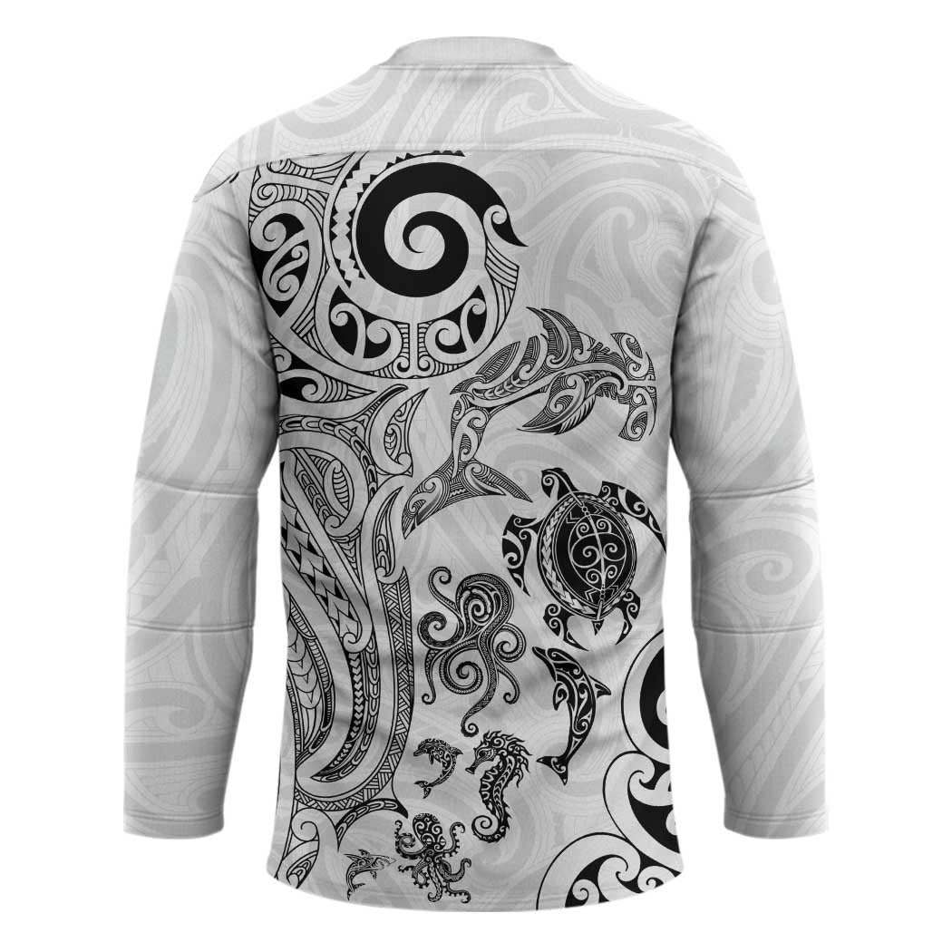 New Zealand Sea Animals with Maori Tribal Tattoo Hockey Jersey White Color