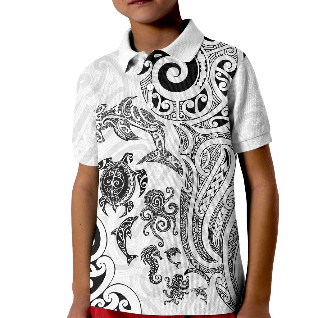 New Zealand Sea Animals with Maori Tribal Tattoo Kid Polo Shirt White Color