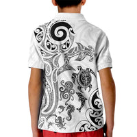 New Zealand Sea Animals with Maori Tribal Tattoo Kid Polo Shirt White Color