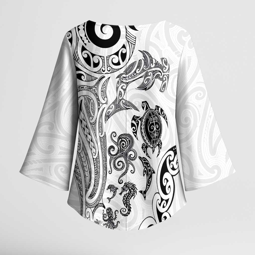 New Zealand Sea Animals with Maori Tribal Tattoo Kimono Sleeve Blouse White Color