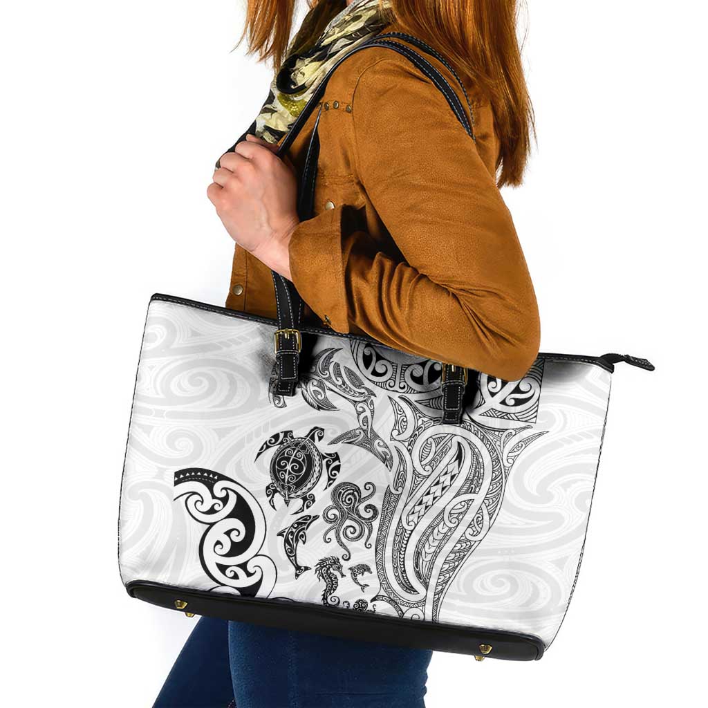 New Zealand Sea Animals with Maori Tribal Tattoo Leather Tote Bag White Color LT03 White - Polynesian Pride