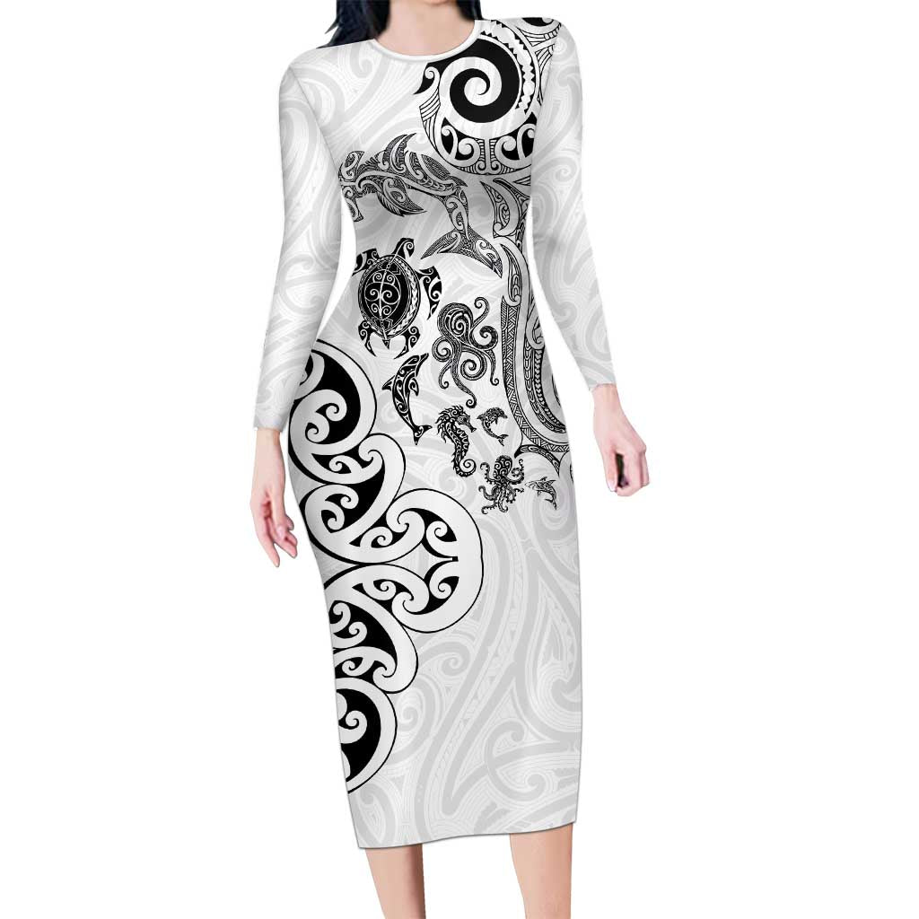 New Zealand Sea Animals with Maori Tribal Tattoo Long Sleeve Bodycon Dress White Color LT03 Long Dress White - Polynesian Pride