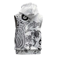 New Zealand Sea Animals with Maori Tribal Tattoo Sleeveless Hoodie White Color
