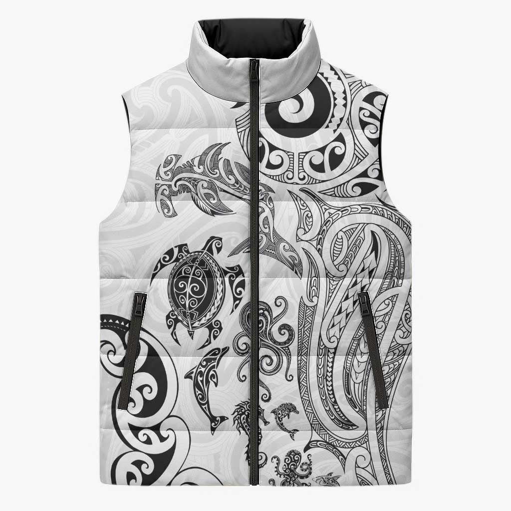 New Zealand Sea Animals with Maori Tribal Tattoo Sleeveless Puffer Jacket White Color LT03 Unisex White - Polynesian Pride