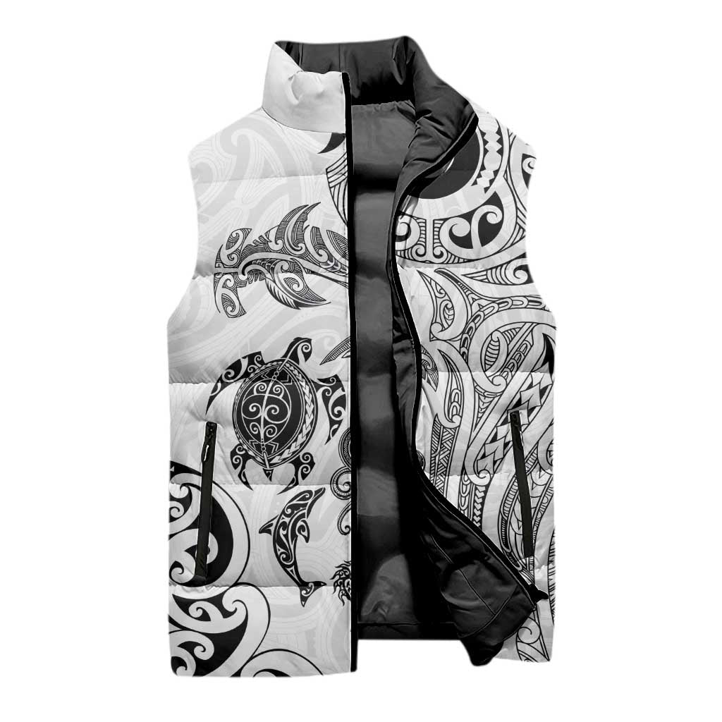 New Zealand Sea Animals with Maori Tribal Tattoo Sleeveless Puffer Jacket White Color