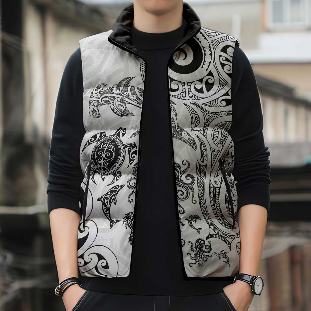 New Zealand Sea Animals with Maori Tribal Tattoo Sleeveless Puffer Jacket White Color