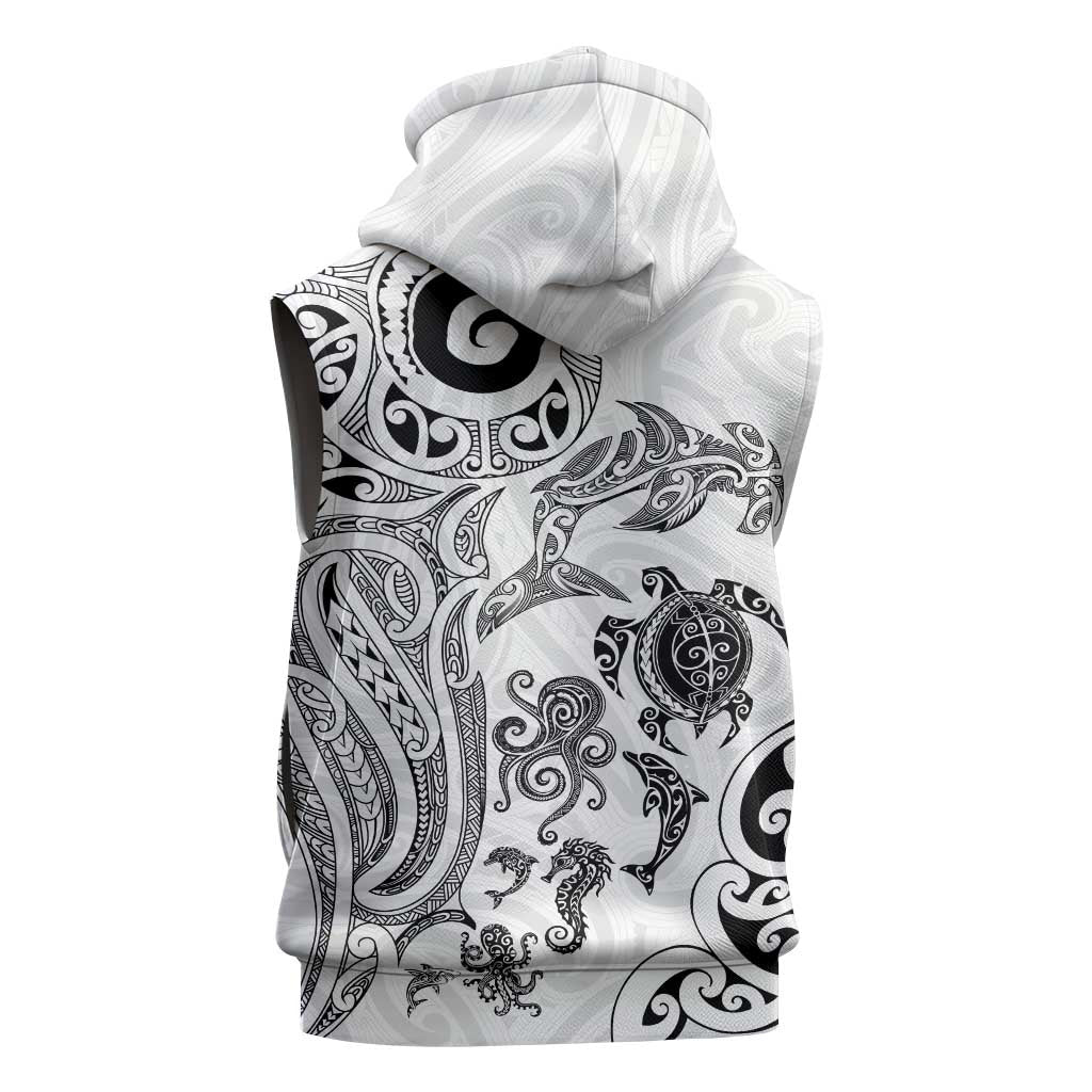 New Zealand Sea Animals with Maori Tribal Tattoo Sleeveless Zip Hoodie White Color