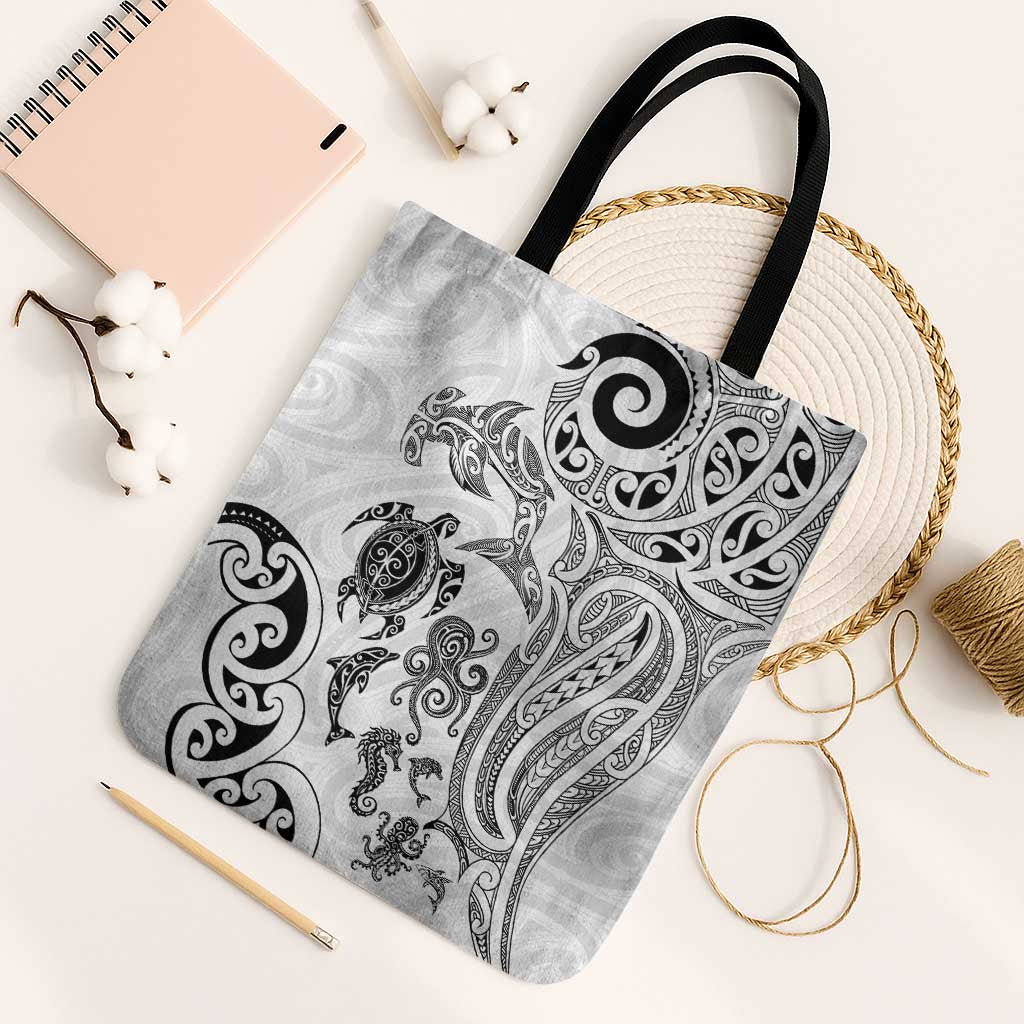 New Zealand Sea Animals with Maori Tribal Tattoo Tote Bag White Color LT03 Black Strap One Size White - Polynesian Pride
