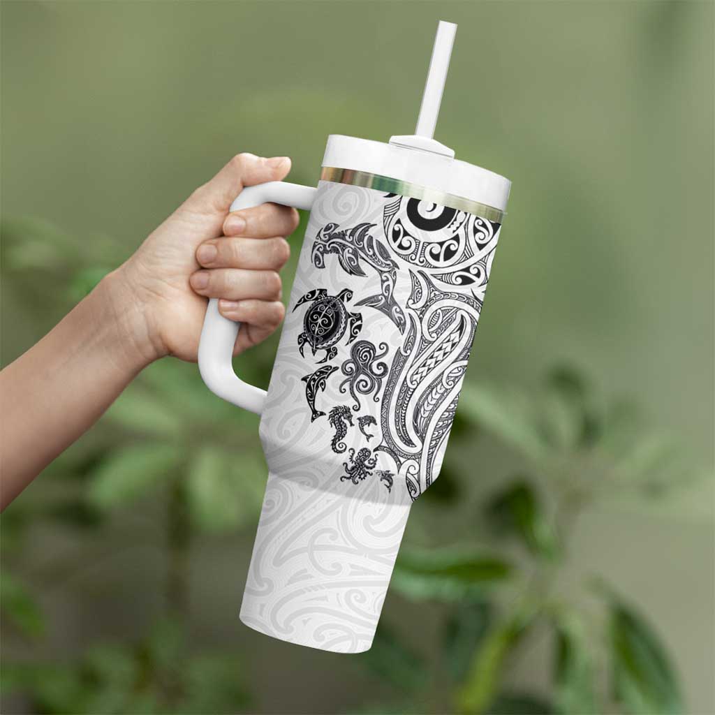 New Zealand Sea Animals with Maori Tribal Tattoo Tumbler With Handle White Color