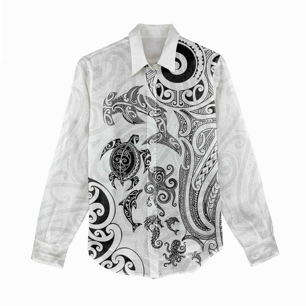 New Zealand Sea Animals with Maori Tribal Tattoo Women Casual Shirt White Color