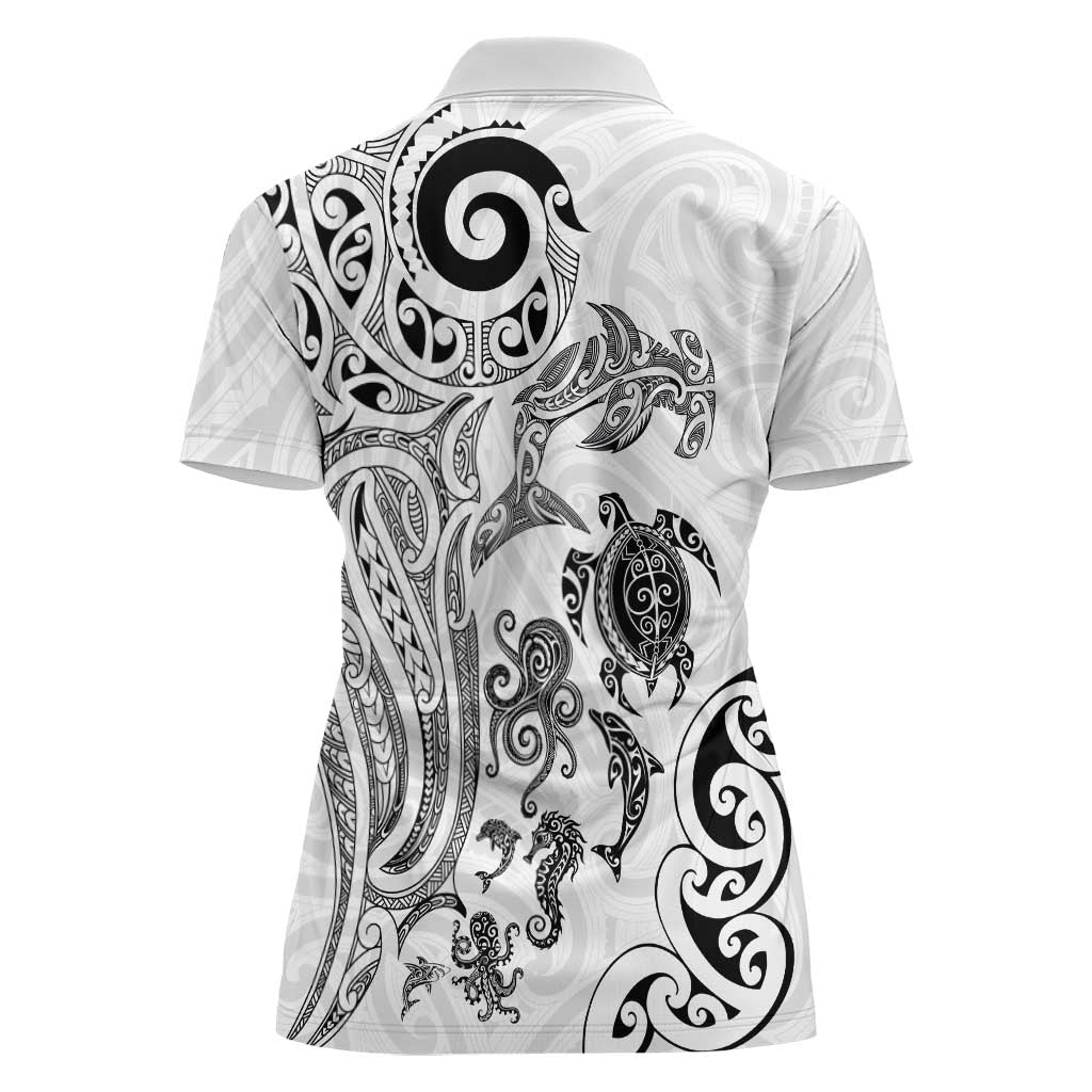New Zealand Sea Animals with Maori Tribal Tattoo Women Polo Shirt White Color