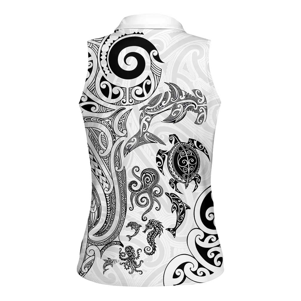 New Zealand Sea Animals with Maori Tribal Tattoo Women Sleeveless Polo Shirt White Color