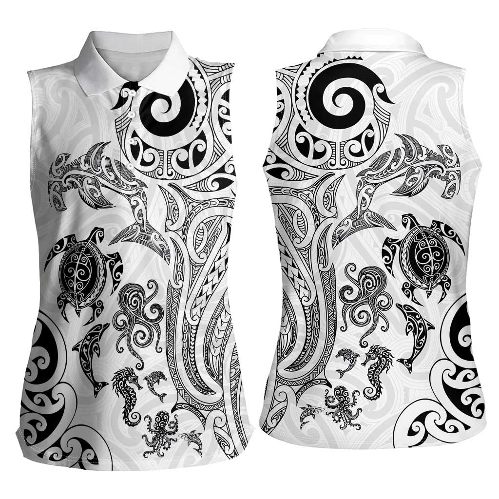 New Zealand Sea Animals with Maori Tribal Tattoo Women Sleeveless Polo Shirt White Color