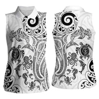 New Zealand Sea Animals with Maori Tribal Tattoo Women Sleeveless Polo Shirt White Color
