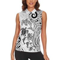 New Zealand Sea Animals with Maori Tribal Tattoo Women Sleeveless Polo Shirt White Color