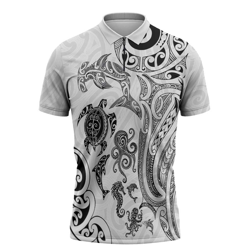 New Zealand Sea Animals with Maori Tribal Tattoo Zipper Polo Shirt White Color LT03 White - Polynesian Pride