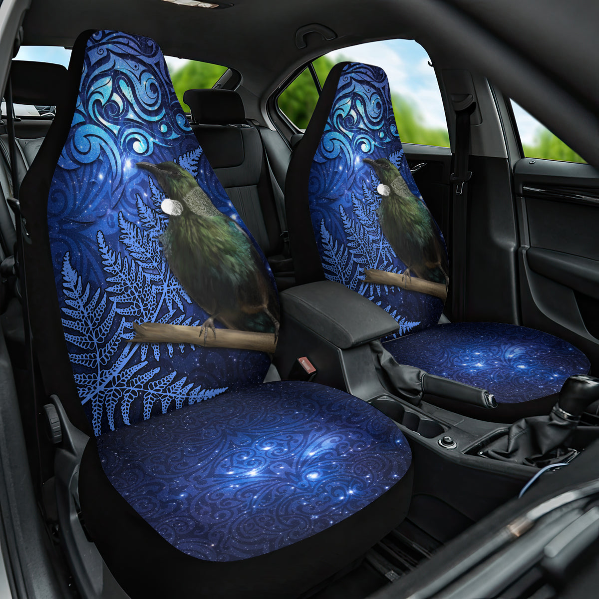 New Zealand Tui Bird Matariki Car Seat Cover Maori New Year with Galaxy Fern