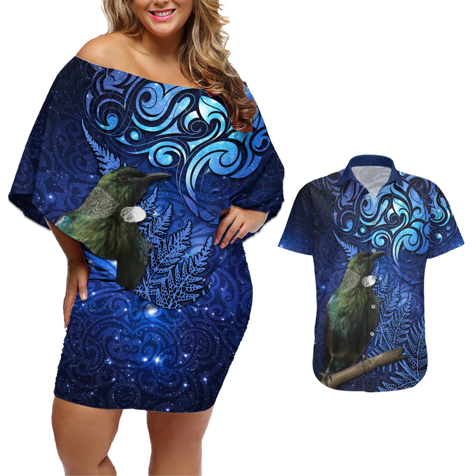 New Zealand Tui Bird Matariki Couples Matching Off Shoulder Short Dress and Hawaiian Shirt Maori New Year with Galaxy Fern