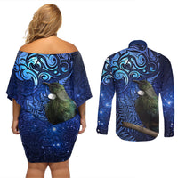 New Zealand Tui Bird Matariki Couples Matching Off Shoulder Short Dress and Long Sleeve Button Shirt Maori New Year with Galaxy Fern