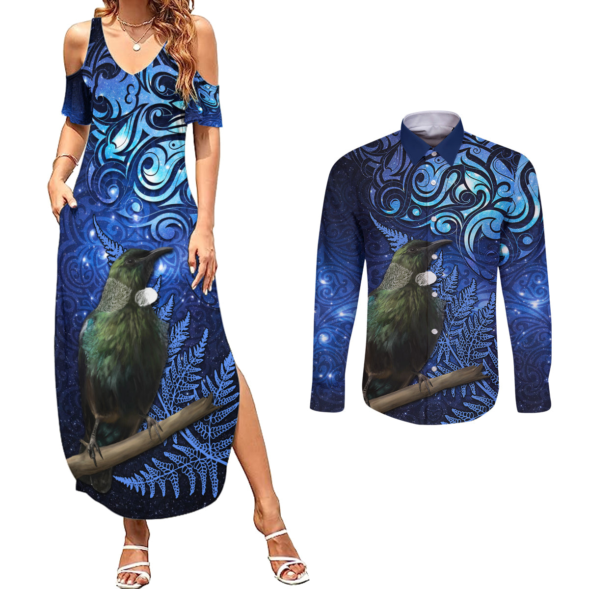 New Zealand Tui Bird Matariki Couples Matching Summer Maxi Dress and Long Sleeve Button Shirt Maori New Year with Galaxy Fern