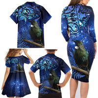 New Zealand Tui Bird Matariki Family Matching Long Sleeve Bodycon Dress and Hawaiian Shirt Maori New Year with Galaxy Fern