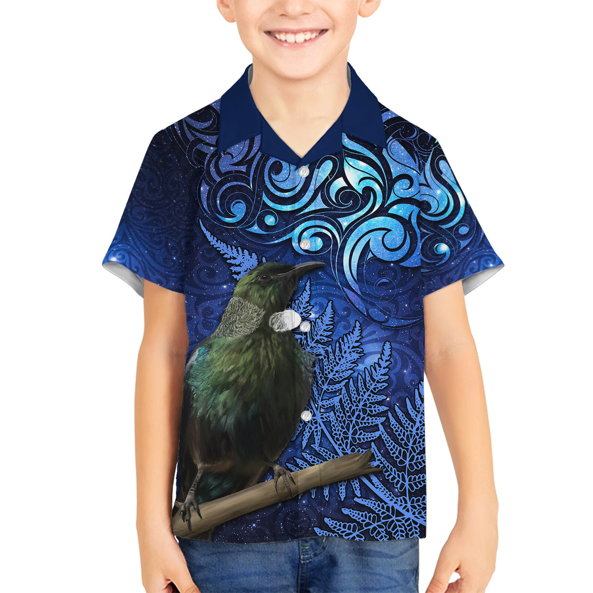 New Zealand Tui Bird Matariki Family Matching Off The Shoulder Long Sleeve Dress and Hawaiian Shirt Maori New Year with Galaxy Fern
