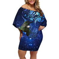 New Zealand Tui Bird Matariki Family Matching Off Shoulder Short Dress and Hawaiian Shirt Maori New Year with Galaxy Fern