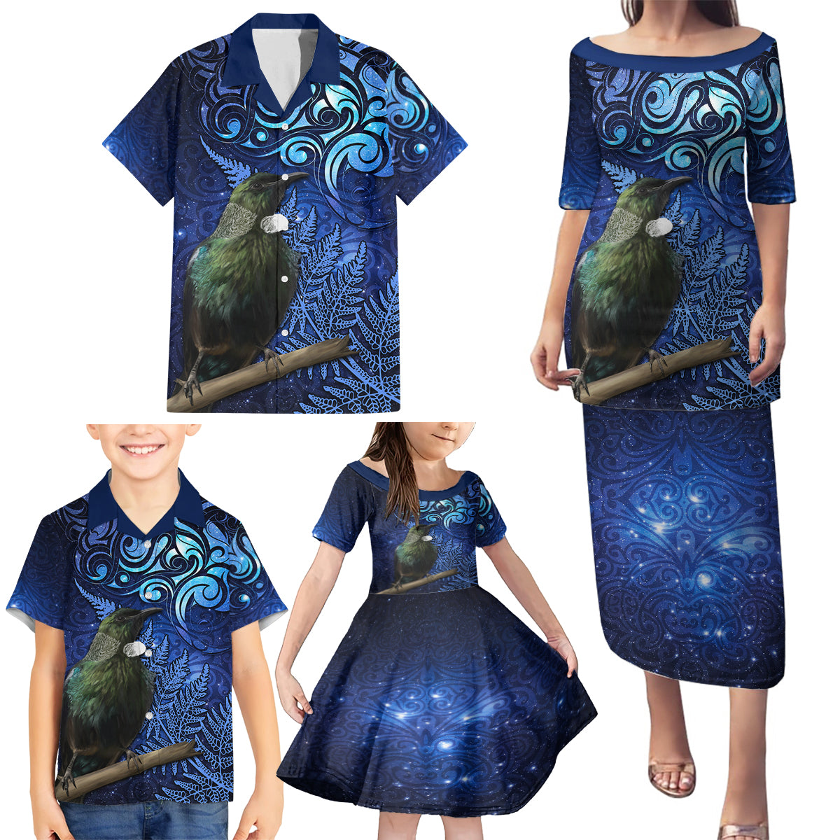 New Zealand Tui Bird Matariki Family Matching Puletasi and Hawaiian Shirt Maori New Year with Galaxy Fern