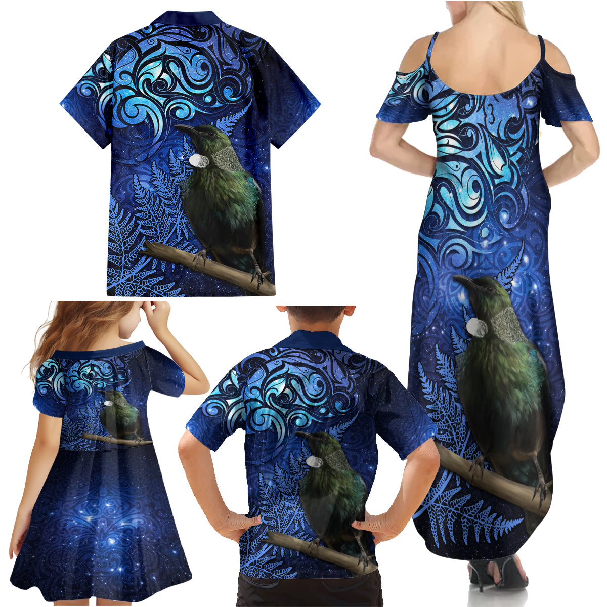 New Zealand Tui Bird Matariki Family Matching Summer Maxi Dress and Hawaiian Shirt Maori New Year with Galaxy Fern