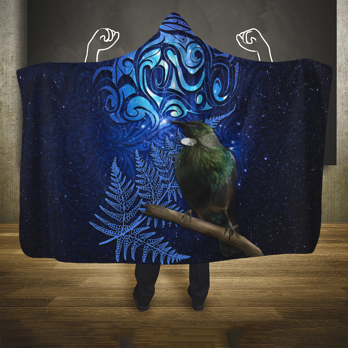 New Zealand Tui Bird Matariki Hooded Blanket Maori New Year with Galaxy Fern