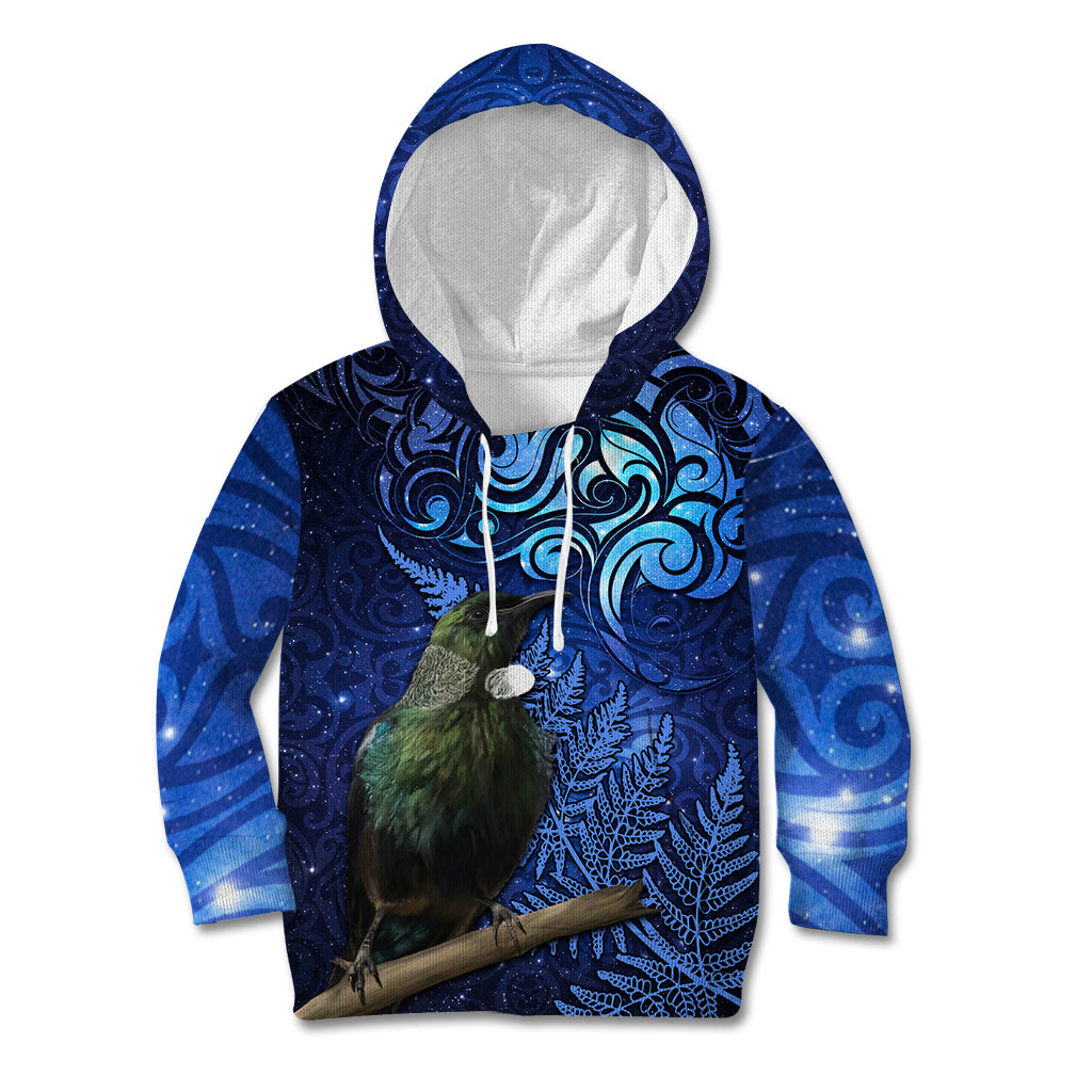 New Zealand Tui Bird Matariki Kid Hoodie Maori New Year with Galaxy Fern