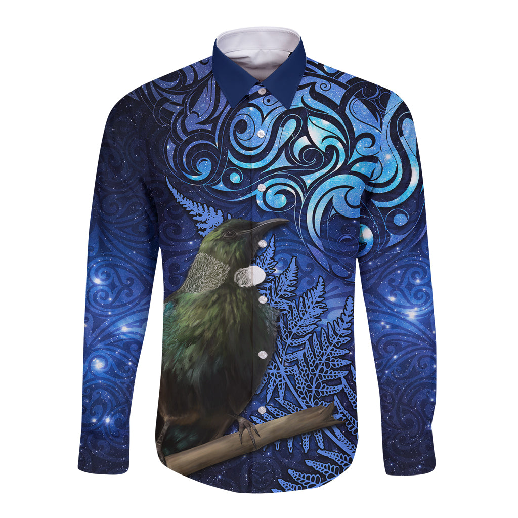 New Zealand Tui Bird Matariki Long Sleeve Button Shirt Maori New Year with Galaxy Fern