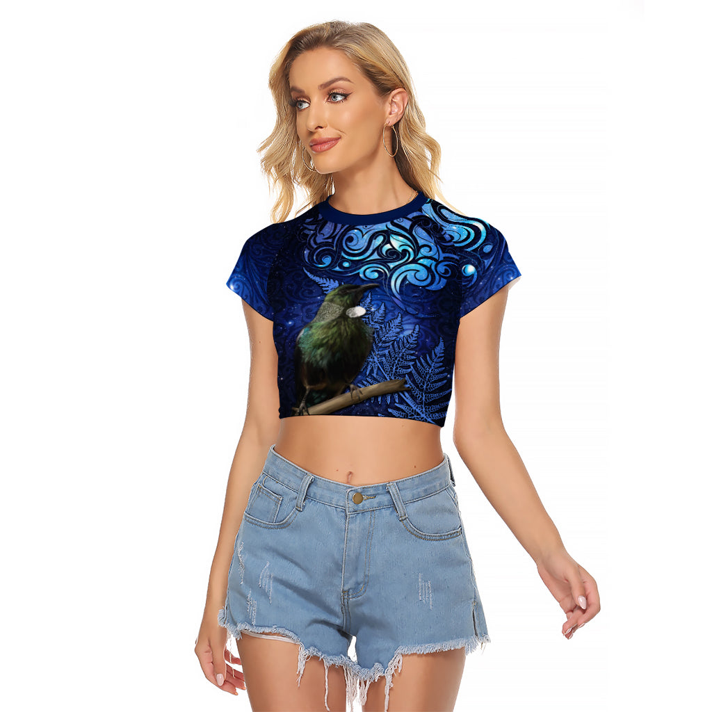 New Zealand Tui Bird Matariki Raglan Cropped T Shirt Maori New Year with Galaxy Fern