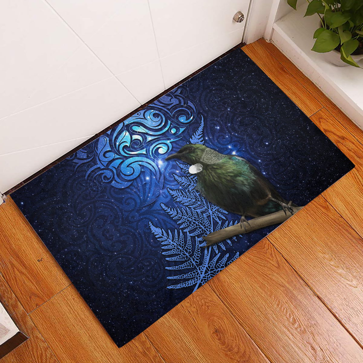 New Zealand Tui Bird Matariki Rubber Doormat Maori New Year with Galaxy Fern