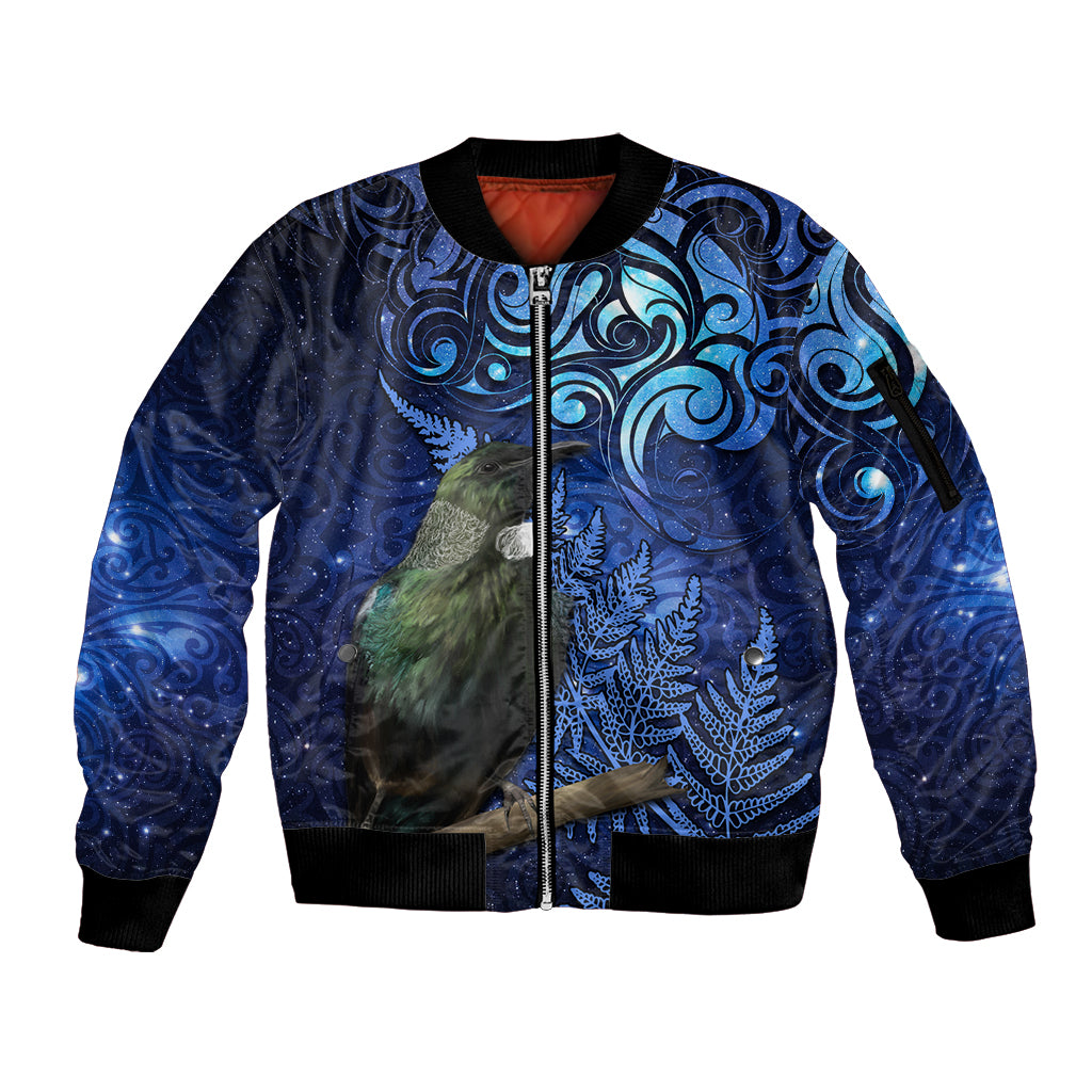 New Zealand Tui Bird Matariki Sleeve Zip Bomber Jacket Maori New Year with Galaxy Fern