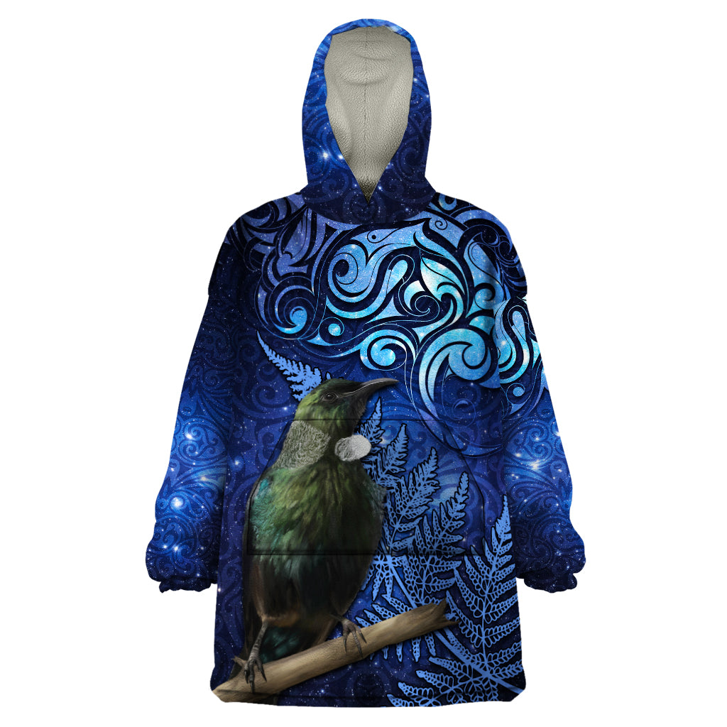 New Zealand Tui Bird Matariki Wearable Blanket Hoodie Maori New Year with Galaxy Fern