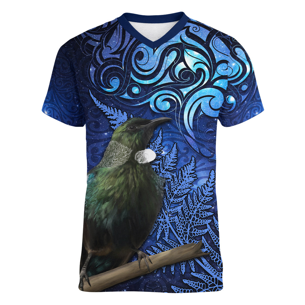 New Zealand Tui Bird Matariki Women V-Neck T-Shirt Maori New Year with Galaxy Fern