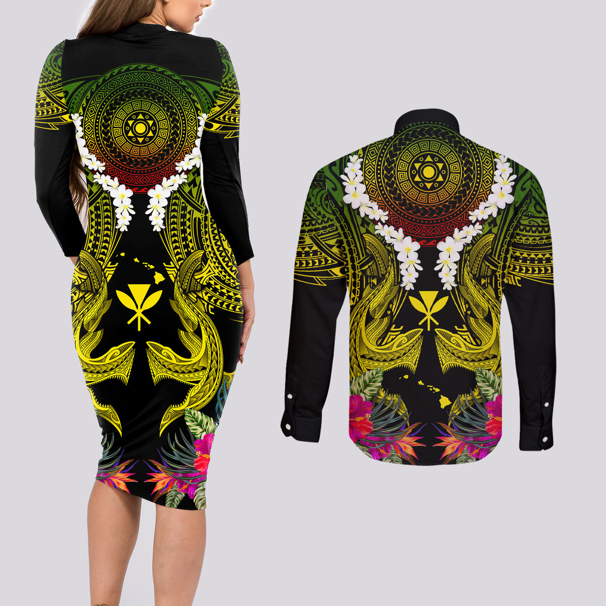 Hawaii Kanaka Maoli Couples Matching Long Sleeve Bodycon Dress and Long Sleeve Button Shirt Double Shark and Hibiscus Flowers